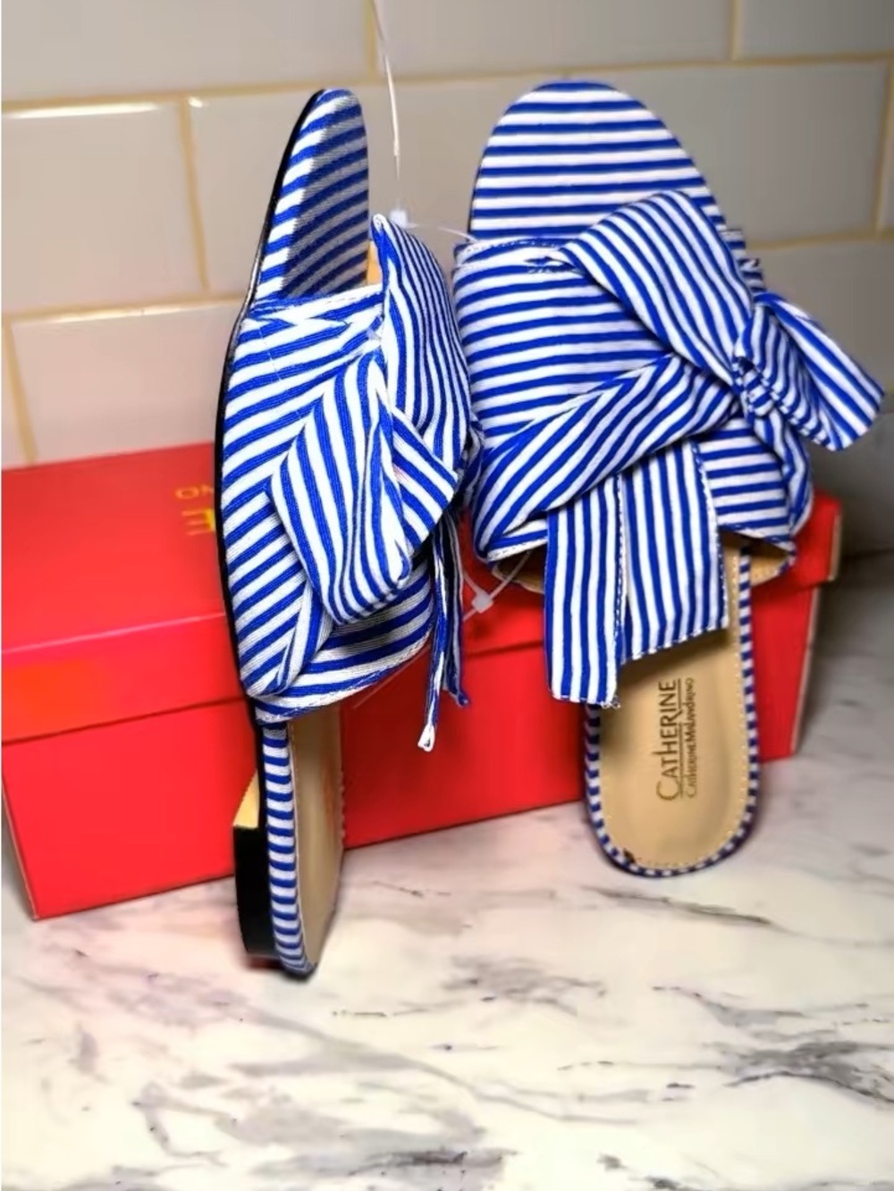Catherines Blue & White Striped Knot Slide Sandals